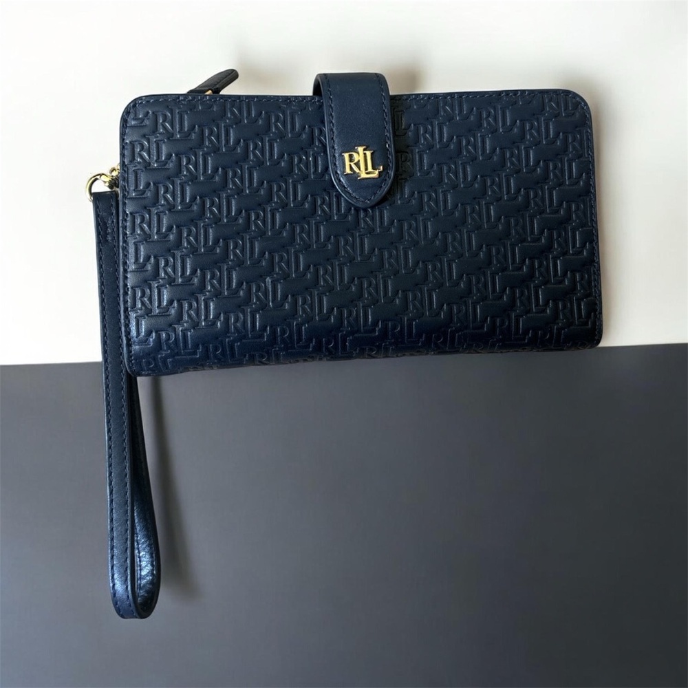 Ralph Lauren Navy Embossed RL Continental Wristlet with Gold Hardware 7”x4”